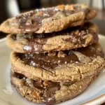 Close-up of peanut butter chocolate caramel cookies stacked on a plate.