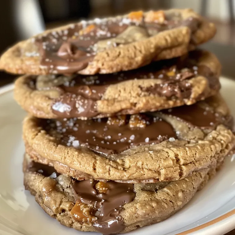 Bite-Sized Bliss: The Peanut Butter Chocolate Caramel Cookies That Steal the Show Close-up of peanut butter chocolate caramel cookies stacked on a plate.