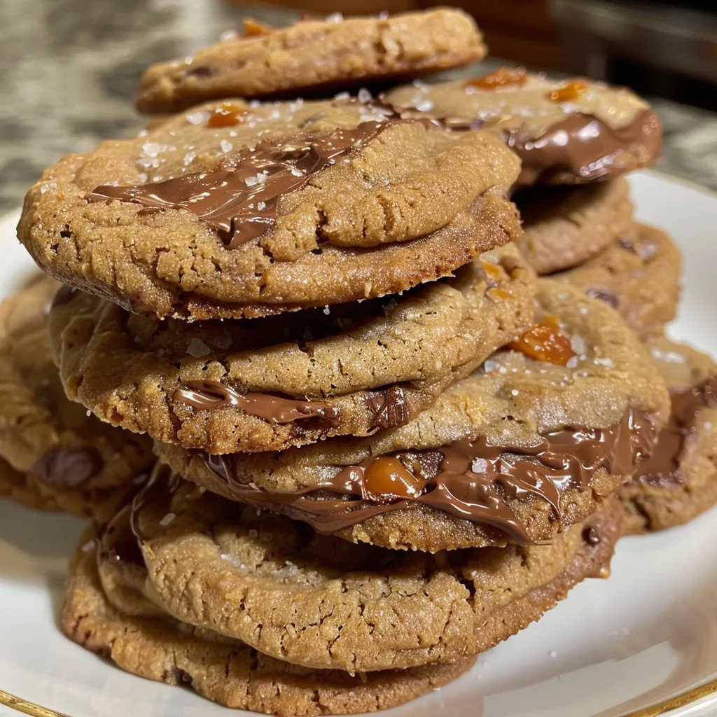 Side view of freshly baked peanut butter chocolate caramel cookies with melty chocolate chips.