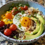 A colorful protein breakfast bowl featuring quinoa, eggs, avocado, black beans, and tomatoes.