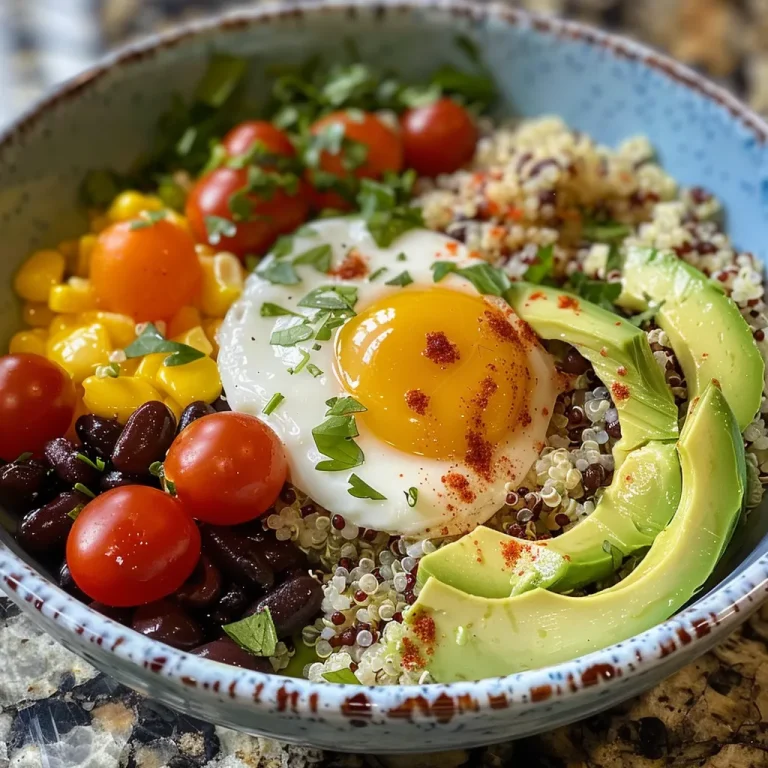 A colorful protein breakfast bowl featuring quinoa, eggs, avocado, black beans, and tomatoes.