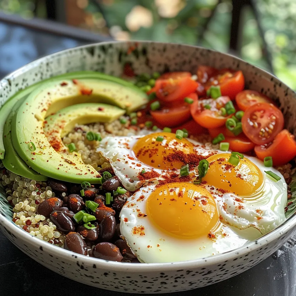 Close-up view of a nutritious breakfast bowl filled with quinoa, sliced avocado, and other fresh ingredients.