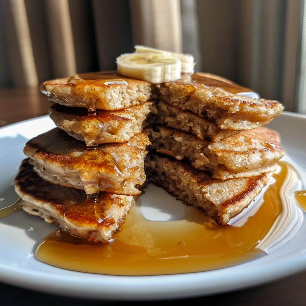 Side view of fluffy oat pancakes drizzled with maple syrup and adorned with banana slices.