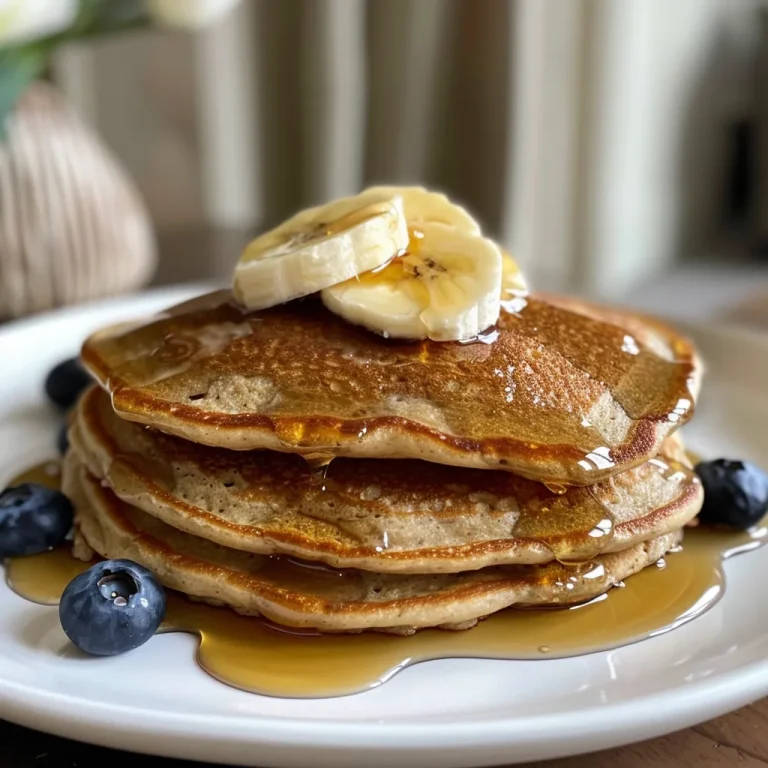 Close-up of fluffy Protein Oatmeal Blender Pancakes topped with fresh blueberries.