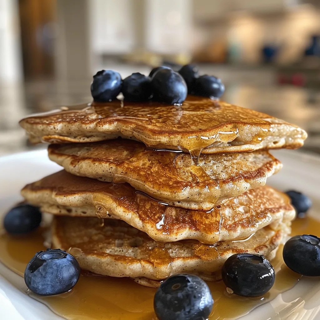 Side view of stack of Protein Oatmeal Blender Pancakes drizzled with maple syrup.