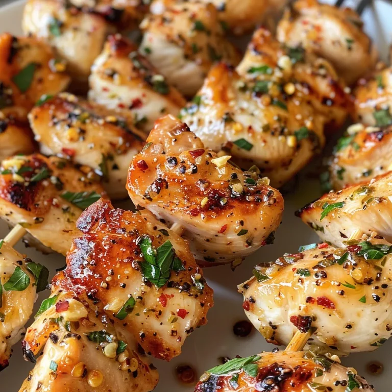 Close-up view of juicy Ranch Garlic Parmesan Chicken Skewers on a plate.