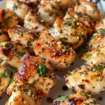 Juicy Ranch Garlic Parmesan chicken skewers arranged on a plate, garnished with parsley.
