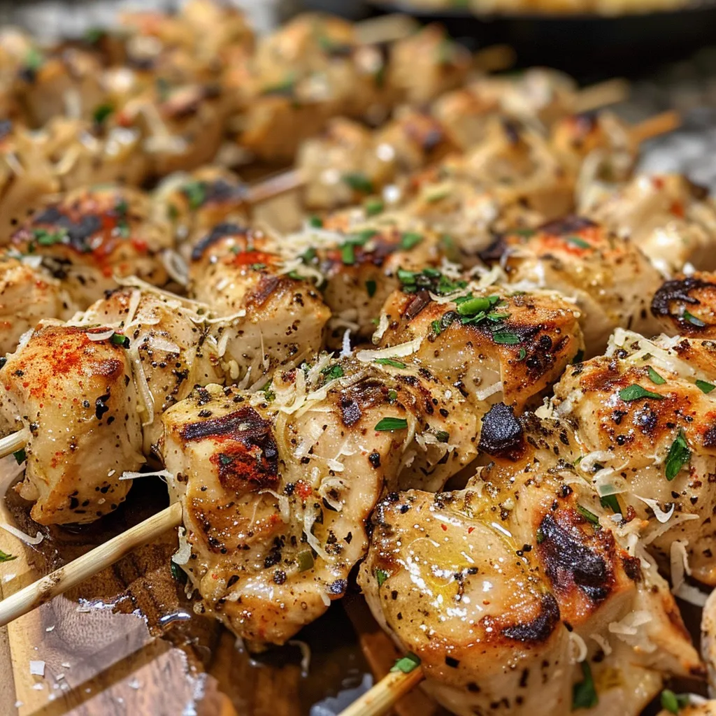 Side view of succulent chicken skewers coated in garlic and Parmesan.