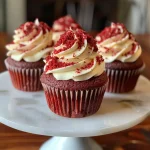 Close-up view of a red velvet cupcake with cream cheese frosting, showcasing its rich color and texture.