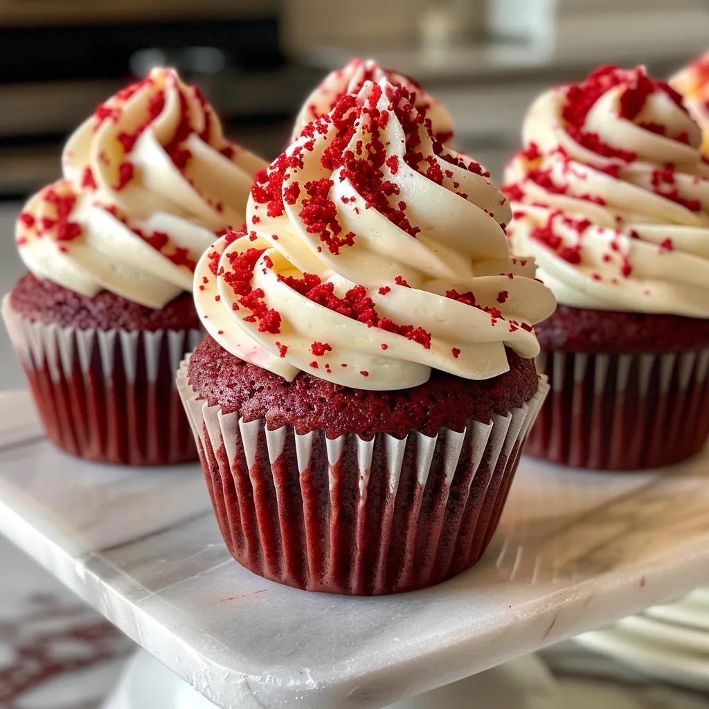 Side view of a juicy red velvet cupcake with smooth frosting and a vibrant red hue.