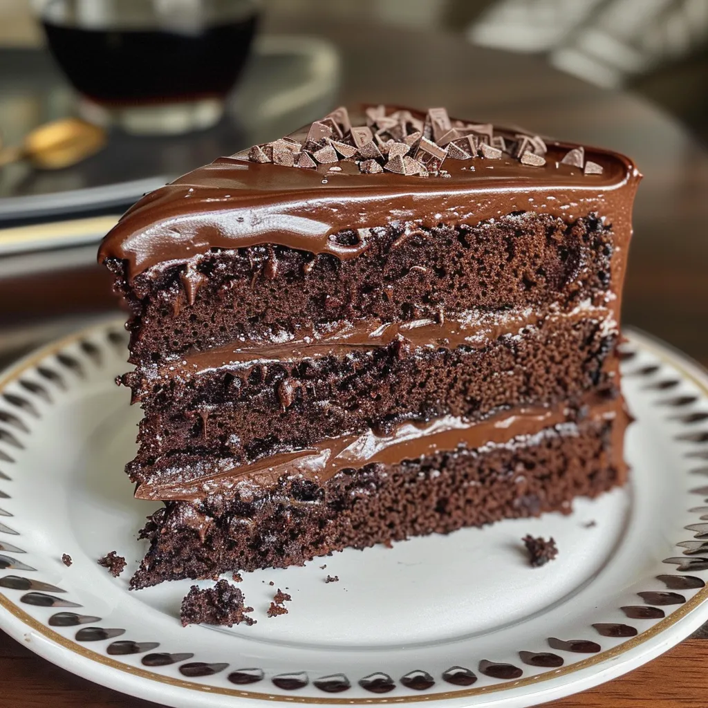 Juicy chocolate cake slice showcasing layers and a glossy chocolate topping.