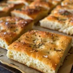 Close-up view of freshly baked rosemary focaccia bread with olive oil drizzle.