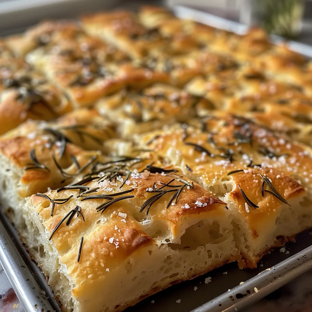 Side profile of a golden-brown focaccia topped with coarse sea salt and rosemary.