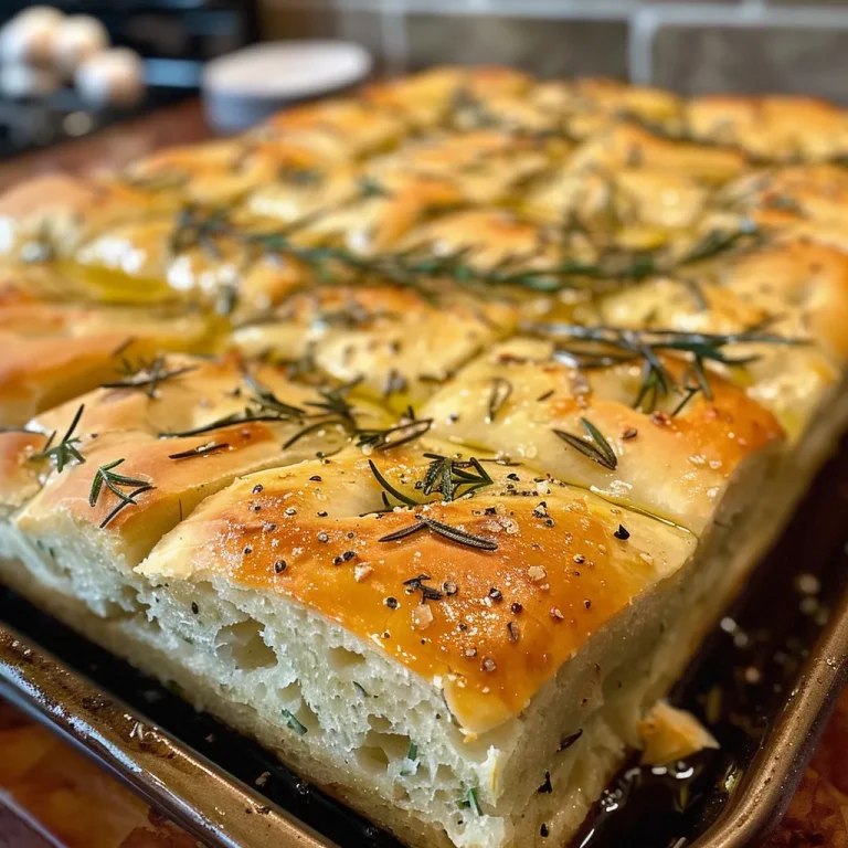 A Slice of Italy: Crafting Homemade Rosemary Garlic Focaccia to Share with Loved Ones Close-up view of golden-brown rosemary garlic focaccia with olive oil drizzle.