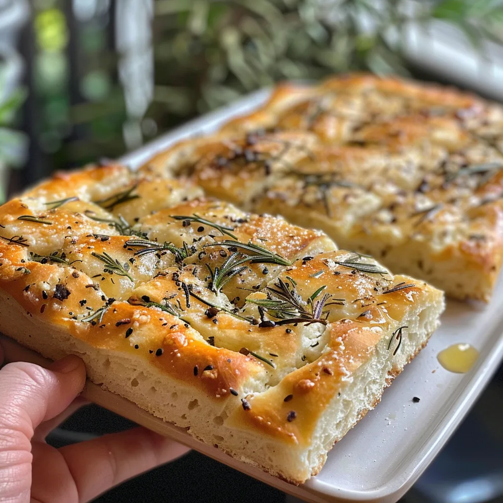Side perspective of fluffy rosemary garlic focaccia topped with herbs and garlic slices.