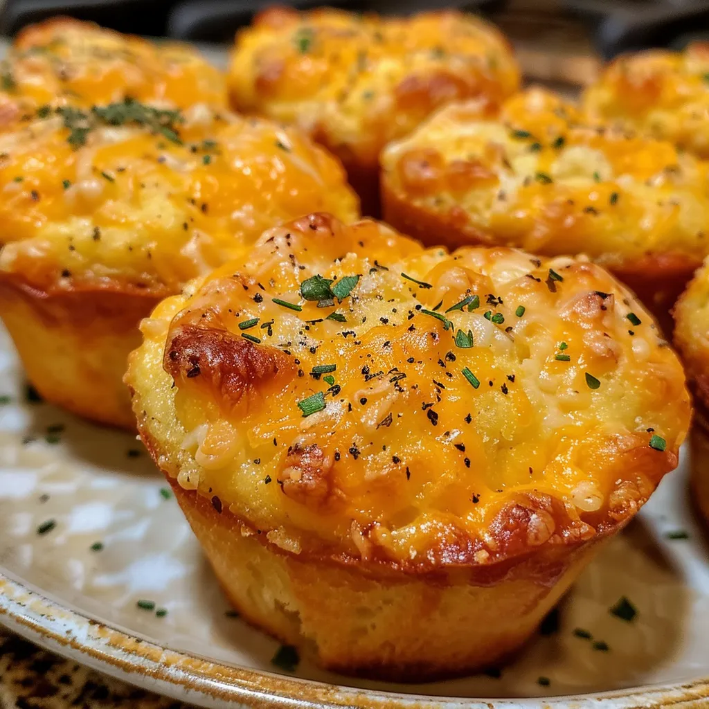 Side view of freshly baked savory cheese muffins, showcasing melted cheese and herb bits.