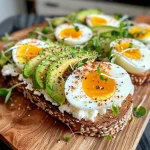Close-up view of savory cottage cheese toast topped with sliced avocado and halved boiled eggs on whole-grain bread.