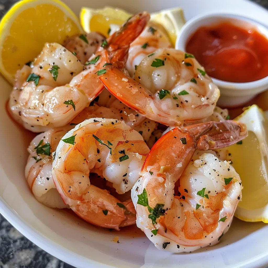 Side angle of a shrimp cocktail featuring plump shrimp and a zesty dipping sauce.