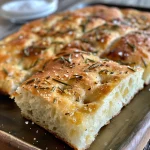 Close-up view of a golden-brown Sourdough Discard Focaccia with rosemary and olive oil.