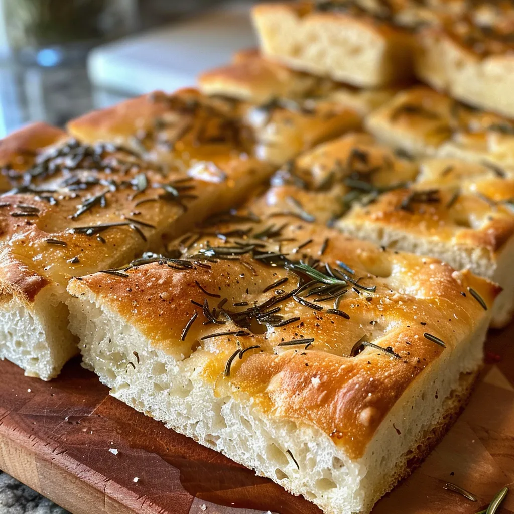 Side view of freshly baked focaccia, topped with fresh rosemary and sea salt.