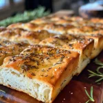 Close-up view of golden-brown sourdough focaccia topped with fresh rosemary and olive oil.
