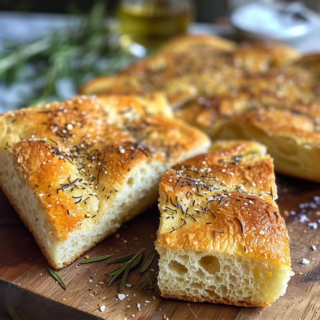 Side view of a moist sourdough focaccia with a crispy crust and sprinkle of sea salt.
