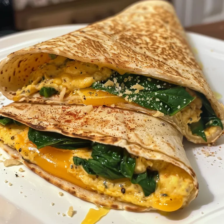 A Savory Spinach & Cheese Omelet Wrap: Your New Go-To for Cozy Mornings Close-up view of a Spinach & Cheese Omelet Wrap with visible cheese and spinach.