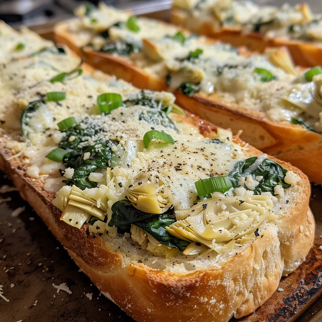 Side view of a baguette filled with creamy spinach and artichoke mixture.