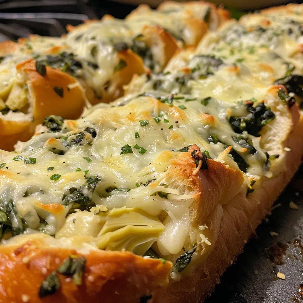 Side view of a slice of bread revealing creamy spinach and artichoke stuffing.