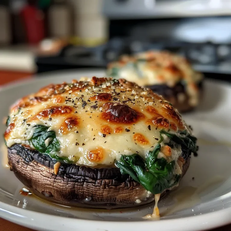 Close-up side view of a Spinach and Cheese Stuffed Portobello Mushroom on a plate.