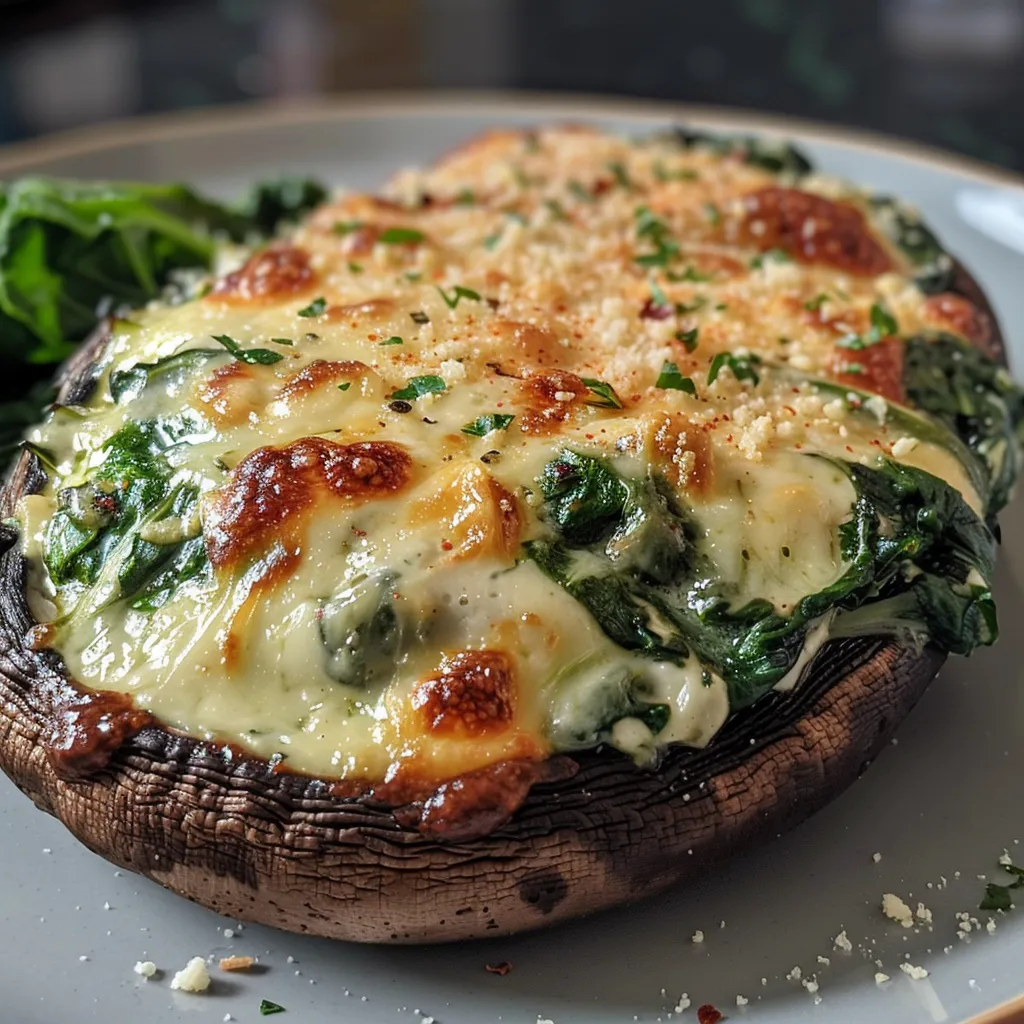Juicy Portobello mushroom filled with spinach and cheese, garnished and ready to serve.