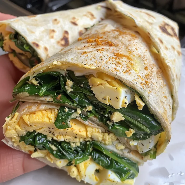 A close-up side view of a spinach and egg wrap showcasing a fresh filling.
