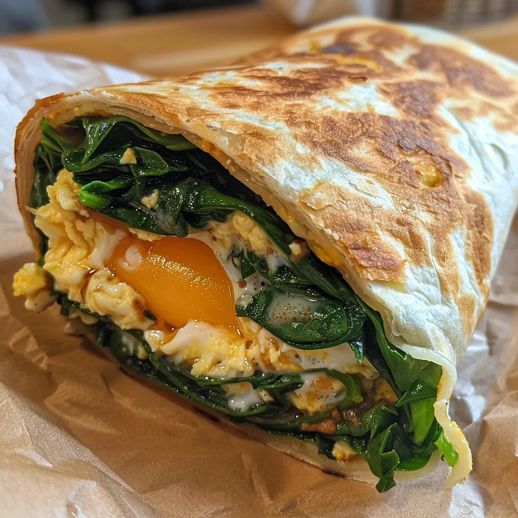 Juicy spinach and scrambled eggs wrapped in a soft tortilla, viewed from the side.