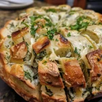 A close-up view of a golden brown Spinach Artichoke Pull-Apart Bread with melted cheese.