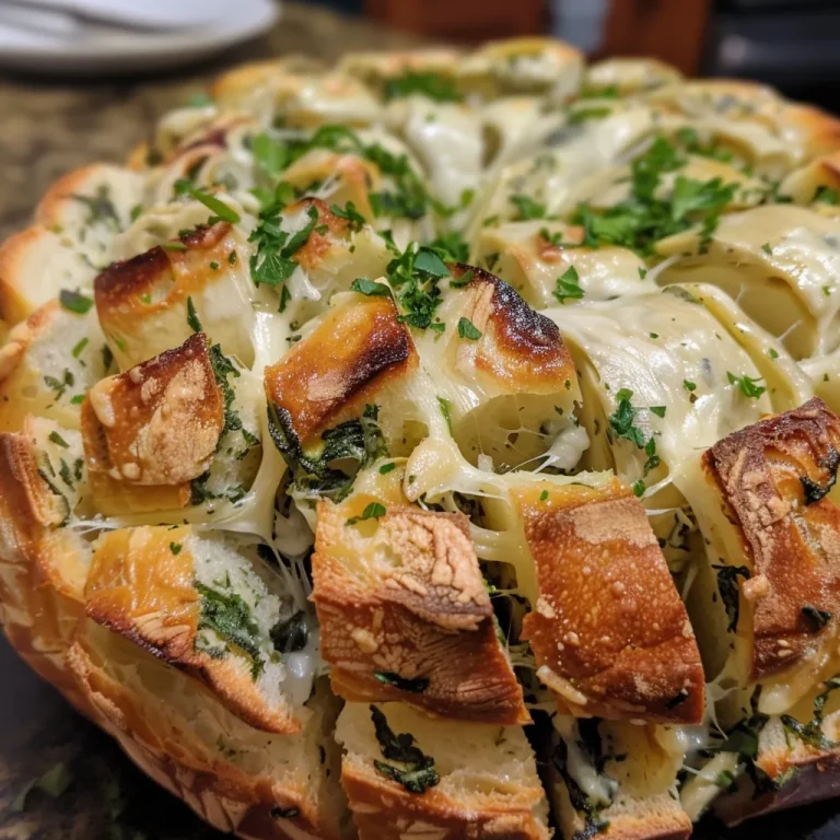 A close-up view of a golden brown Spinach Artichoke Pull-Apart Bread with melted cheese.
