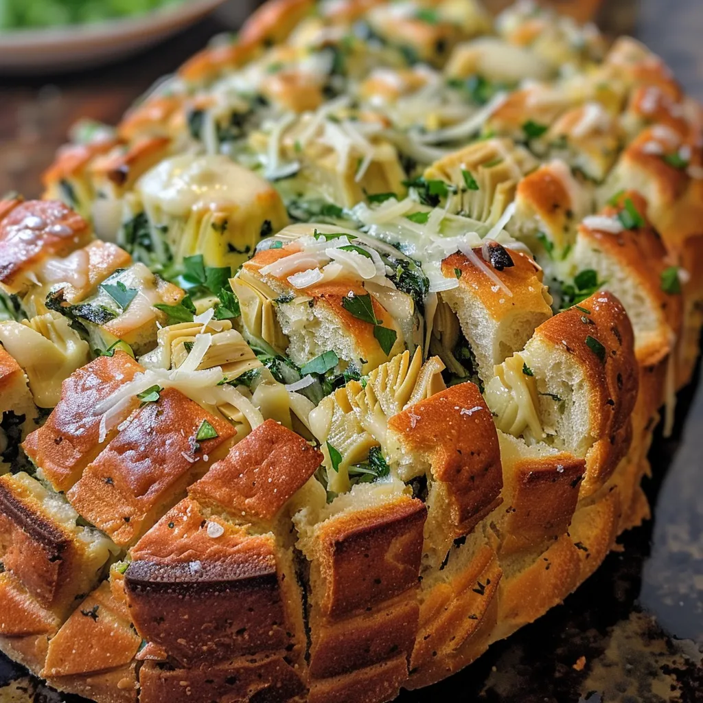 Side view of a cheesy Spinach Artichoke Pull-Apart Bread showing its flaky layers and green filling.