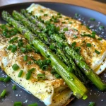 Close-up view of a Spring Asparagus Goat Cheese Omelette with green asparagus and crumbled goat cheese.