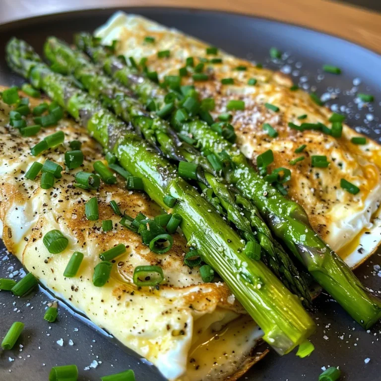 Awakening Spring Flavors: A Delightful Asparagus and Goat Cheese Omelette Close-up view of a Spring Asparagus Goat Cheese Omelette with green asparagus and crumbled goat cheese.