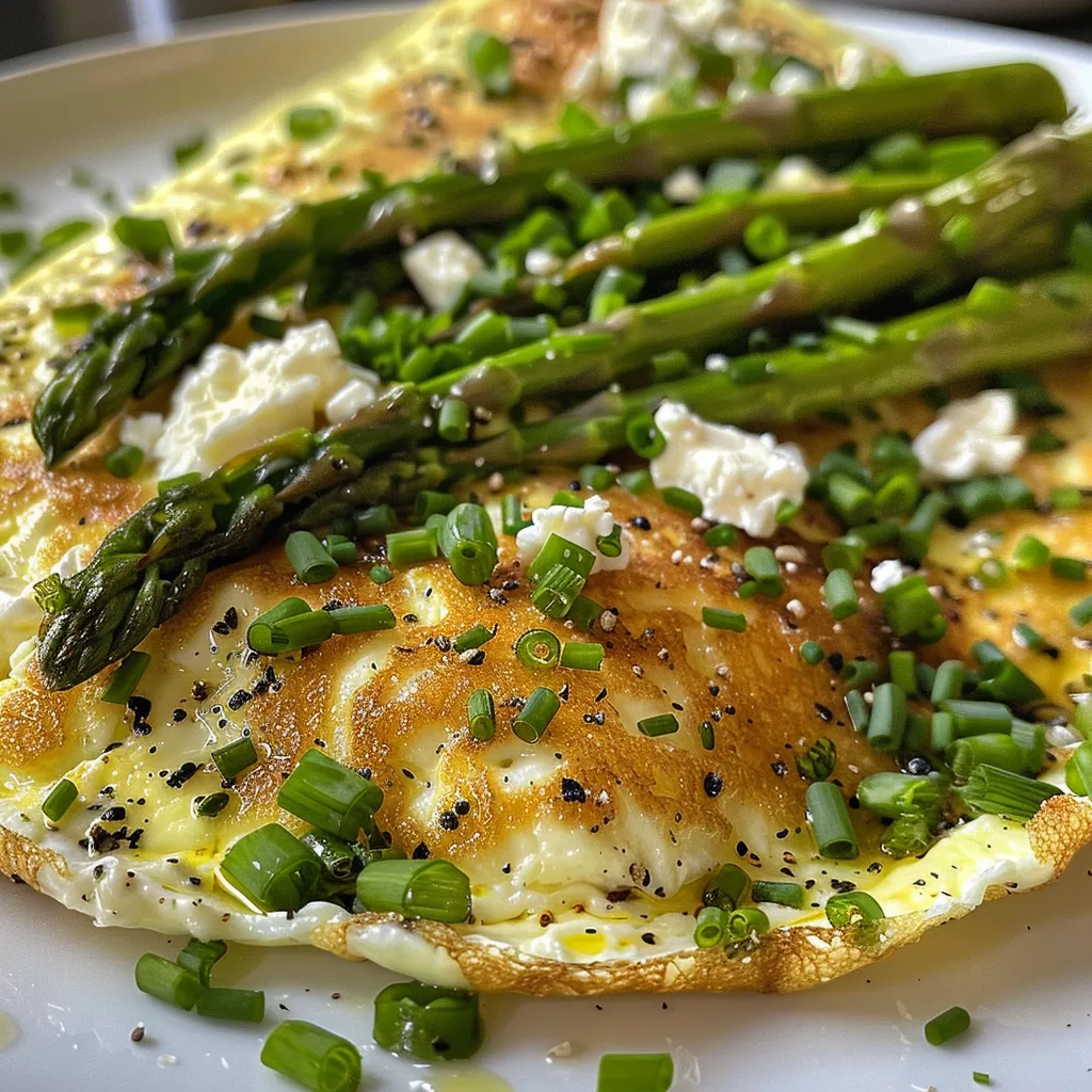 Side view of a fluffy omelette filled with asparagus and goat cheese, garnished with chives.