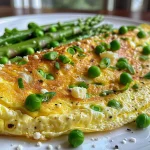 A close-up view of a colorful spring omelet with asparagus, peas, and gruyere cheese.