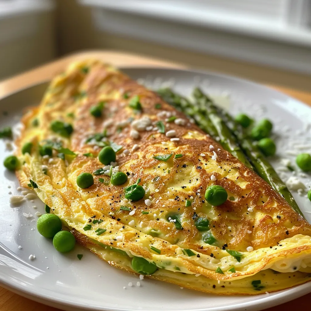 Side view of a fluffy omelet filled with fresh asparagus, peas, and melted gruyere cheese.