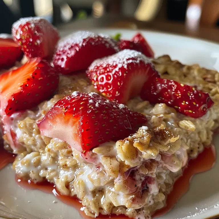 Close-up view of baked oatmeal topped with fresh strawberries and cream.