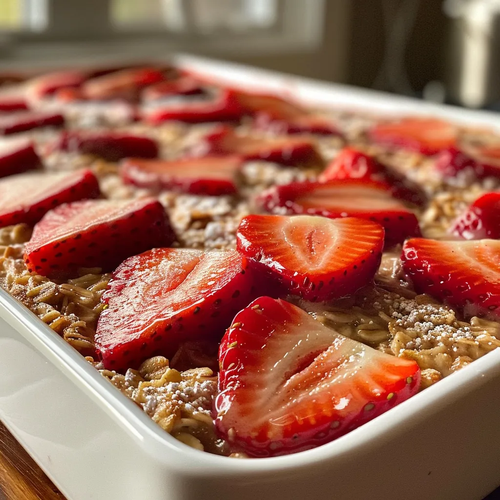 Side profile of a moist oatmeal dish with sliced strawberries and a creamy layer.