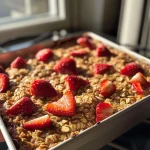 Close-up side view of baked oatmeal topped with fresh strawberries.