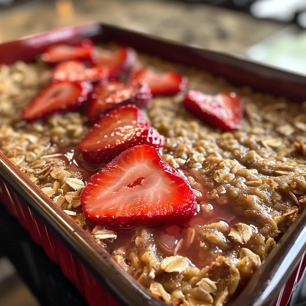 Juicy strawberry baked oatmeal in a dish, showcasing its texture and color.
