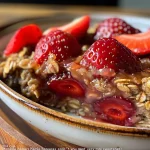 A side view of a slice of Strawberry Banana Bread Baked Oatmeal, showing its moist texture and colorful strawberries.