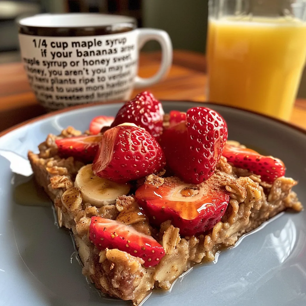 Close-up of baked oatmeal featuring strawberries and bananas, highlighting its golden-brown top.