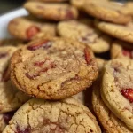 Close-up view of a stack of strawberry cookies with bits of freeze-dried strawberries.
