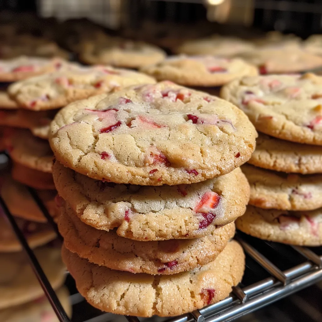Delicious strawberry cookies arranged on a plate, showing their soft and chewy texture.