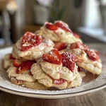 Close-up view of a strawberry shortcake cookie with visible chunks of strawberries and white chocolate chips.